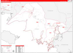 St. MaryParish (County), LA Wall Map Zip Code Red Line Style 2024